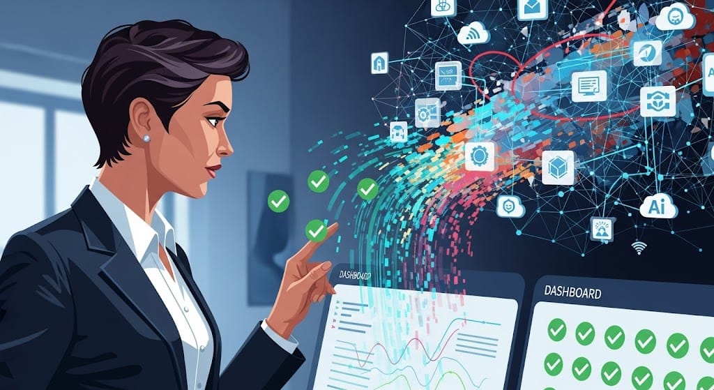 A C-level executive confidently views a dashboard with green checkmarks, while behind them, vibrant digital data streams subtly leak and scatter into a complex network of external cloud services and AI platforms.