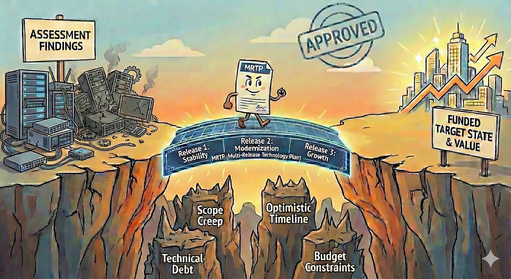 Multi-Release Technology Plan document walking across a bridge from current state to target state