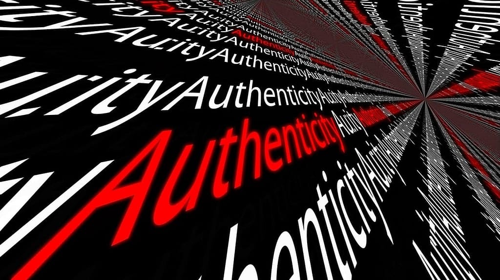 authenticity text collage in red and white text with black background