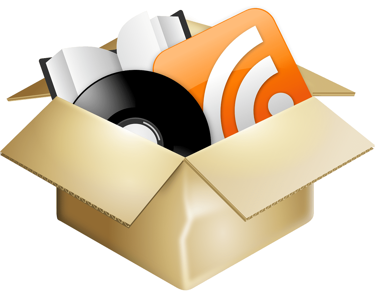 cardboard box with a book record and rss feed icon