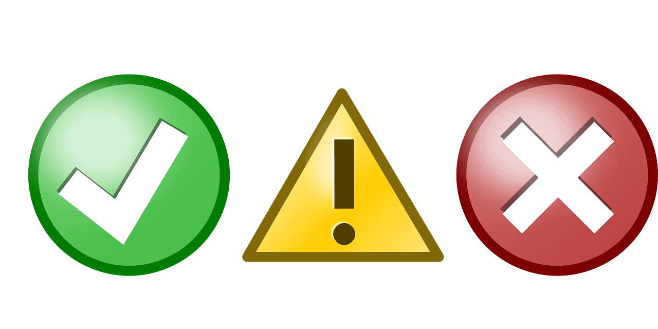 green circle chek yellow triangle exclamation and red circle x icons