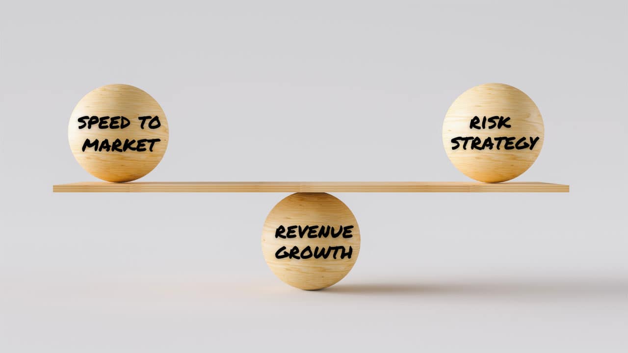 Balanced scale that shows speed to market is in balance with risk strategy, held up by revenue growth