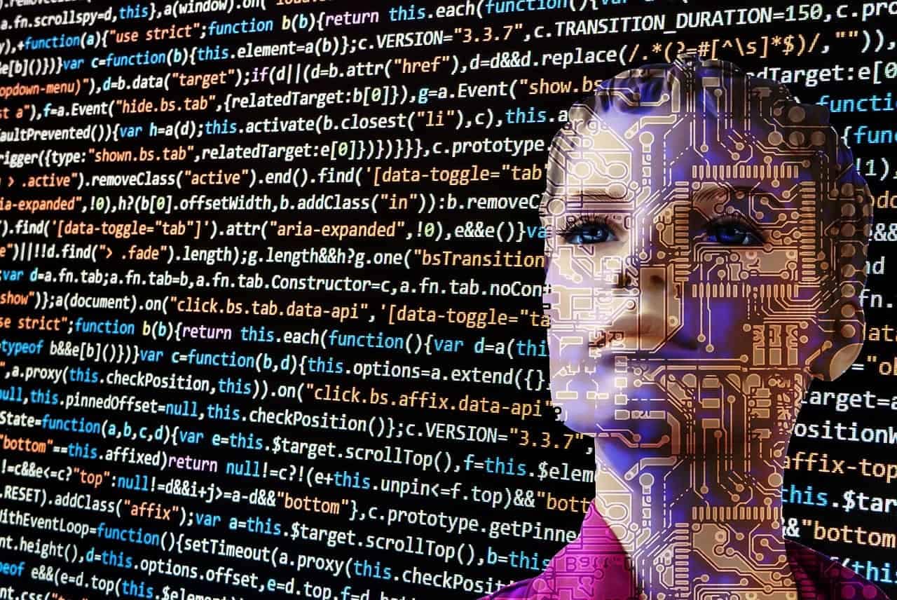 woman face within layers of code