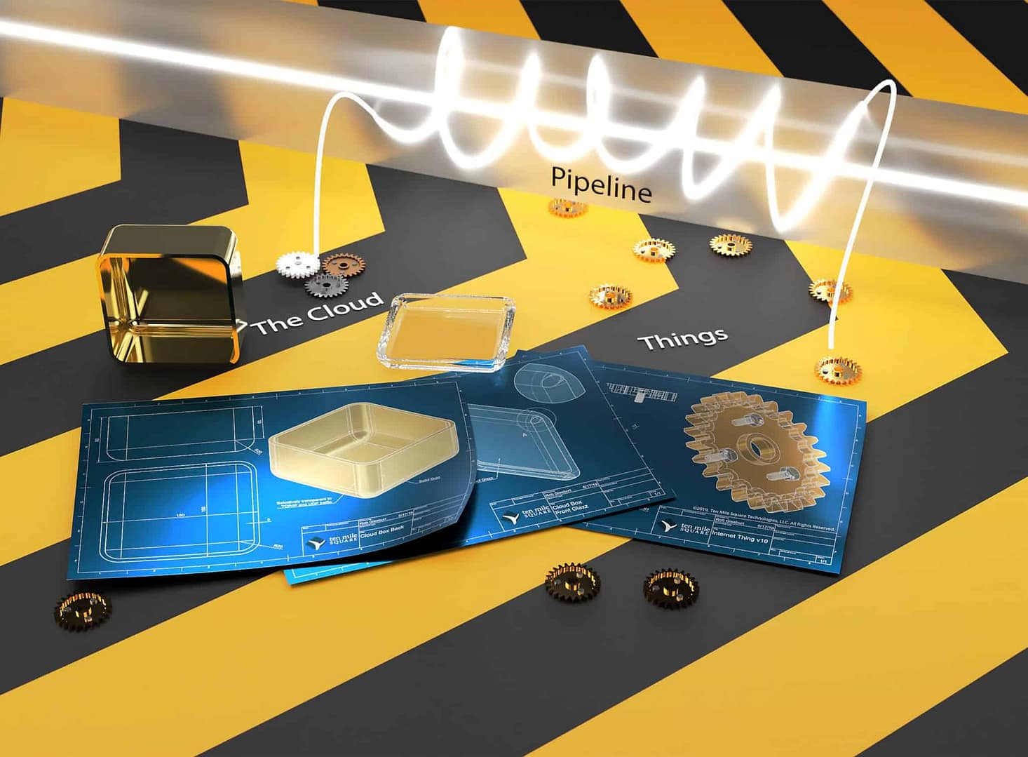 Stylistic surrealist image depicting three blueprints, two for parts of The Cloud as seen in the part 1 image, and one for Things. Also show is a frosted glass pipeline and s scattering of gears representing Things.