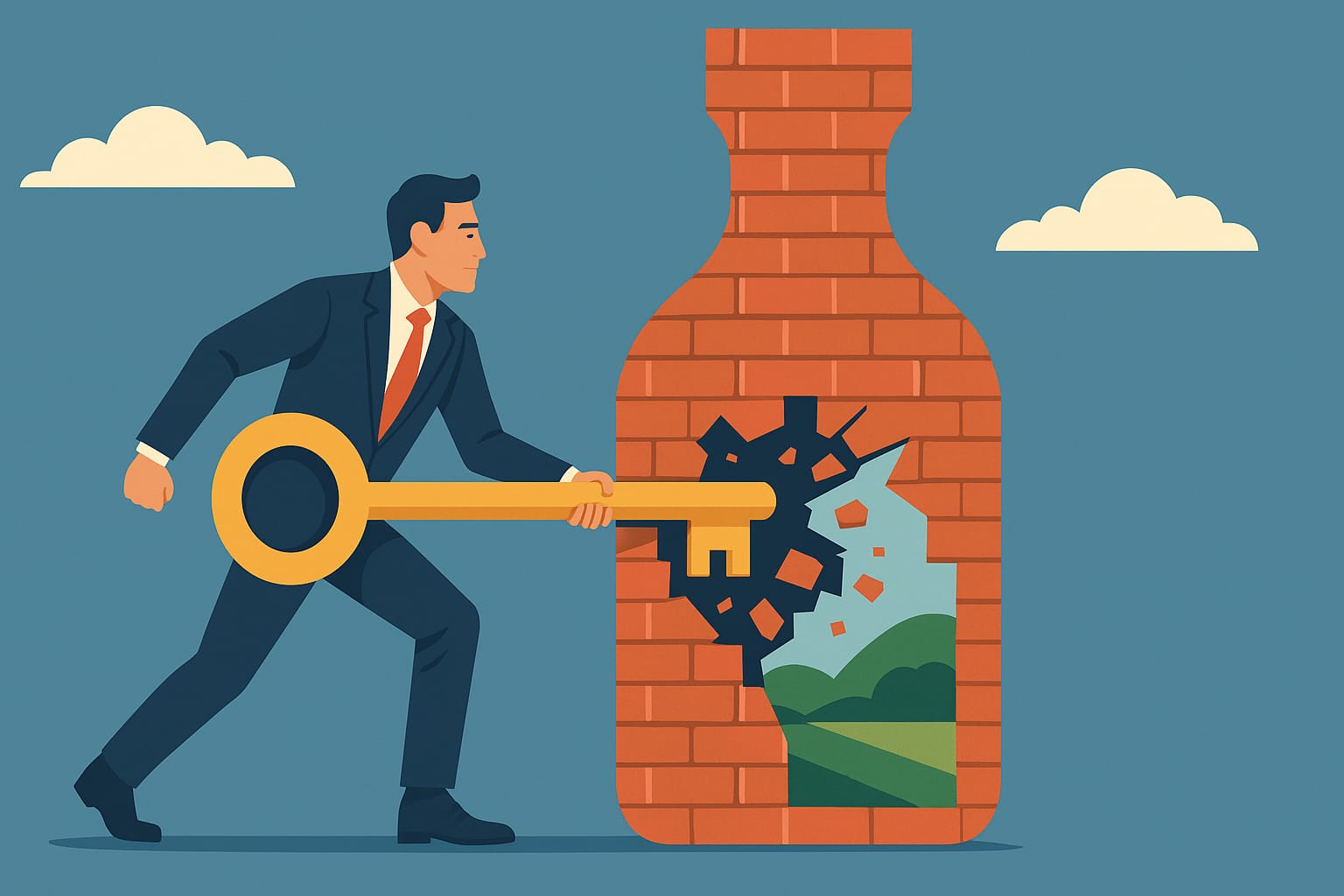 Man in a suit with an oversized key breaking through a brick bottle to reveal an open vista.