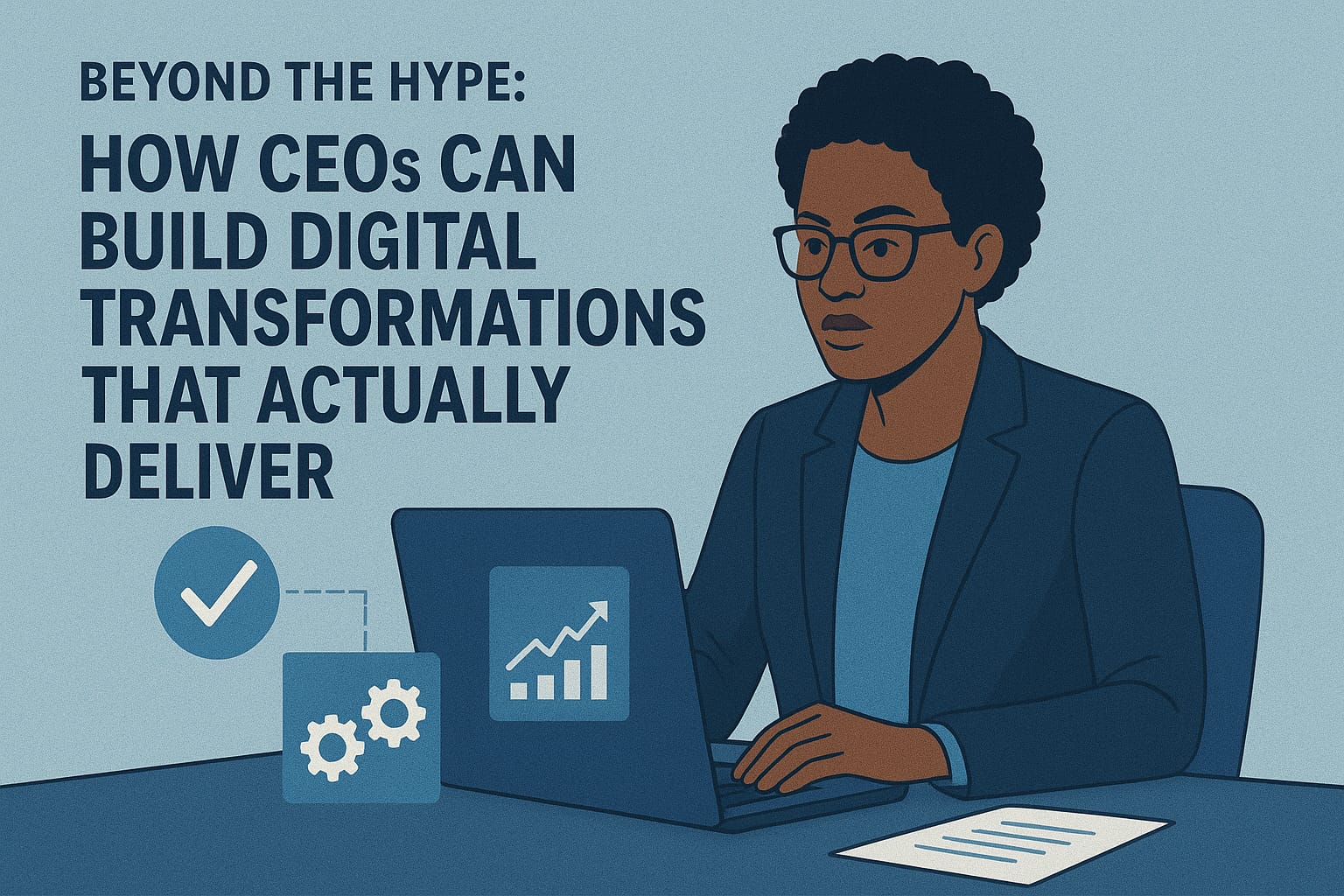 A Black female CEO sits at a desk with a laptop. The words, "Beyond the hype: How CEOs can build digital transformations that actually deliver" appear in the top left of the image.
