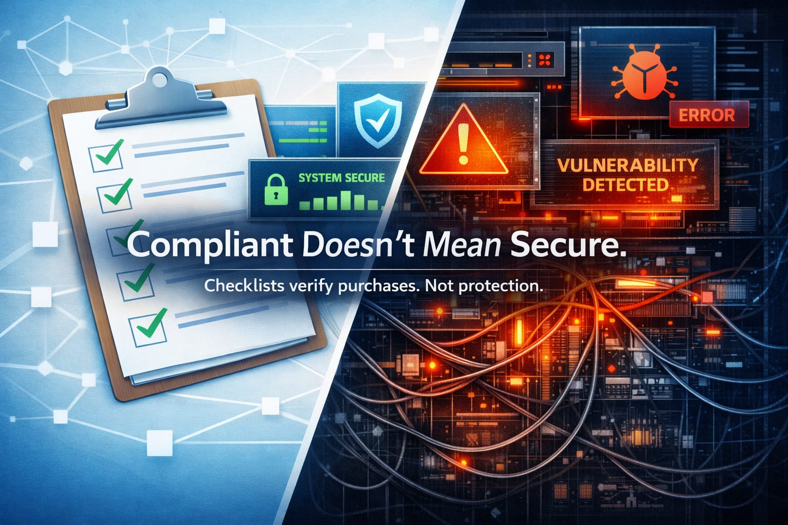 Split-screen conceptual illustration contrasting compliance and security. One side shows a clean audit checklist with green checkmarks and a calm ‘System Secure’ interface, while the other side reveals a dark, chaotic tangle of cables and warning indicators signaling vulnerabilities. Bold headline reads ‘Compliant Doesn’t Mean Secure. Checklists verify purchases. Not protection.’ The design conveys the gap between perceived compliance and actual risk.