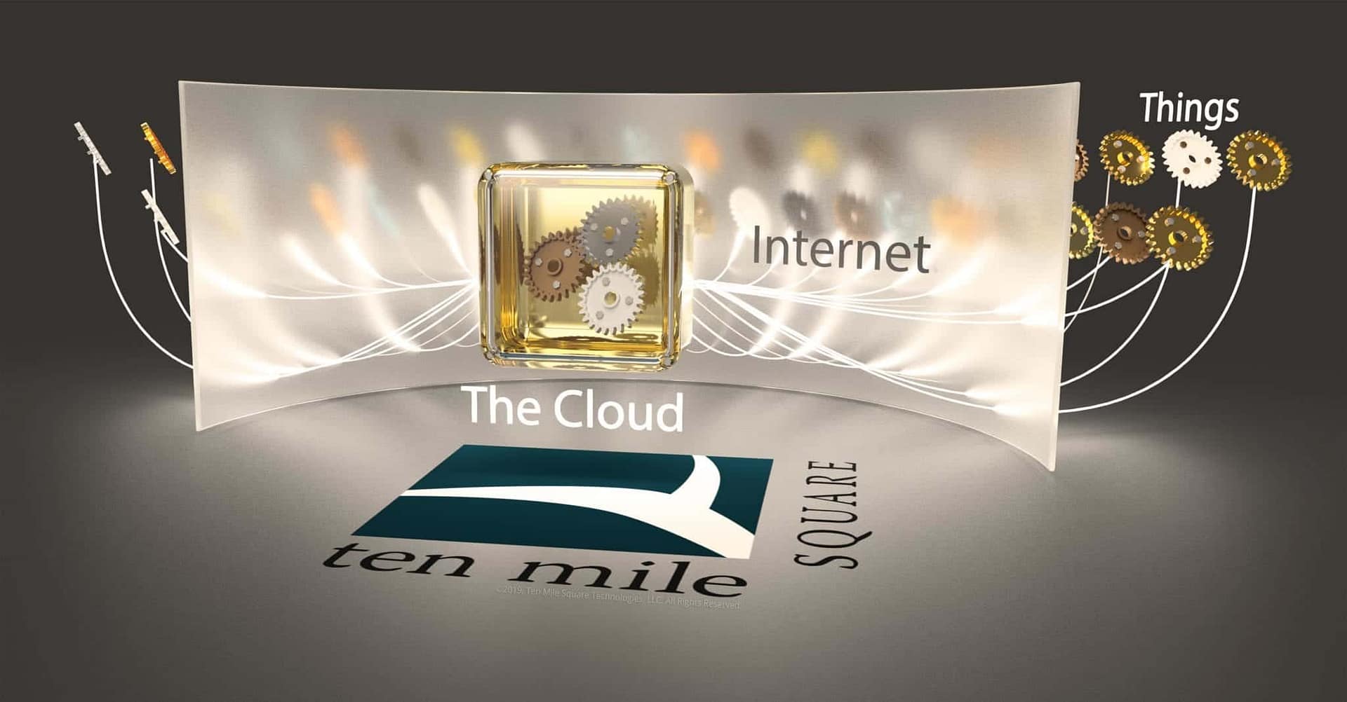 Stylized surrealist image depicting the cloud as a golden safe with gears floating in it, the internet as a frosted glass wall, and things as gears floating beyond the wall.