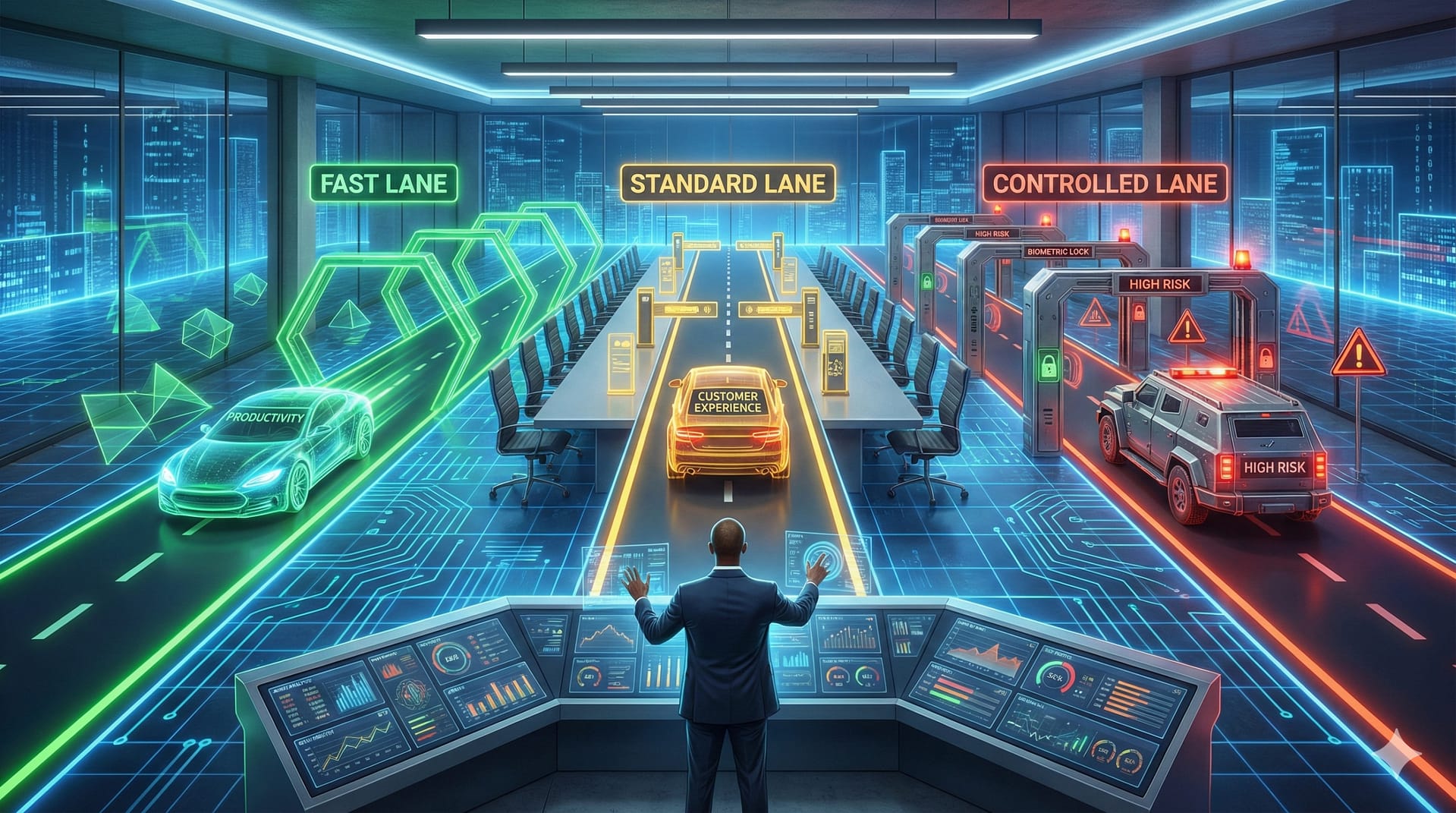 A wide-angle digital illustration shows a man in a suit at a futuristic control panel overlooking a conference room transformed into three glowing virtual highway lanes. The left lane, labeled "FAST LANE" in green, has a green car marked "PRODUCTIVITY". The middle lane, labeled "STANDARD LANE" in yellow, has a yellow car marked "CUSTOMER EXPERIENCE". The right lane, labeled "CONTROLLED LANE" in red with flashing "HIGH RISK" signs, has a red armored vehicle marked "HIGH RISK". The man is gesturing towards the yellow lane. The background is a stylized cityscape with digital data points.