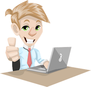 male cartoon in a collared shirt and tie with his thumbs up sitting at a desk in front of laptop