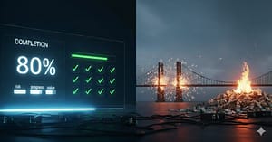 A conceptual cinematic image in a 16:9 aspect ratio, split between technical success and business failure. On the left, a sleek digital glass dashboard glows with "COMPLETION 80%" and a grid of green checkmarks, with status bars labeled "risk," "progress," and "value." On the right, a desolate landscape features a large pile of burning money and a suspension bridge with a catastrophic gap in the middle. The scene uses a professional corporate color palette of deep charcoal and midnight blue, contrasted by the sharp orange of the fire and the glowing green of the technical dashboard.