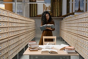 Woman reading a Book between Archive