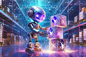 Future little robot artist stacking huge cubes with the Ten Mile Square logo