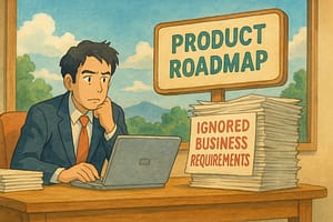 Man reviewing product roadmap and ignoring pile of business requirements that include non-functional requirements.