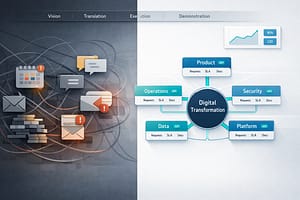 Split-screen illustration of digital transformation. Left side shows a dark, chaotic enterprise with siloed teams connected by tangled, broken lines and icons for overloaded calendars, emails, tickets, and alerts, suggesting communication debt and coordination overload. Right side shows a bright, calm, API-driven organization with a central “Digital Transformation” hub connected by clean teal lines to Product, Operations, Security, Data, and Platform teams, each with API, SLA, and documentation panels. A subtle horizontal band across the top labels four layers—Vision, Translation, Execution, Demonstration—and a small analytics dashboard with an upward trend appears in the top-right, signaling measurable progress and governance.