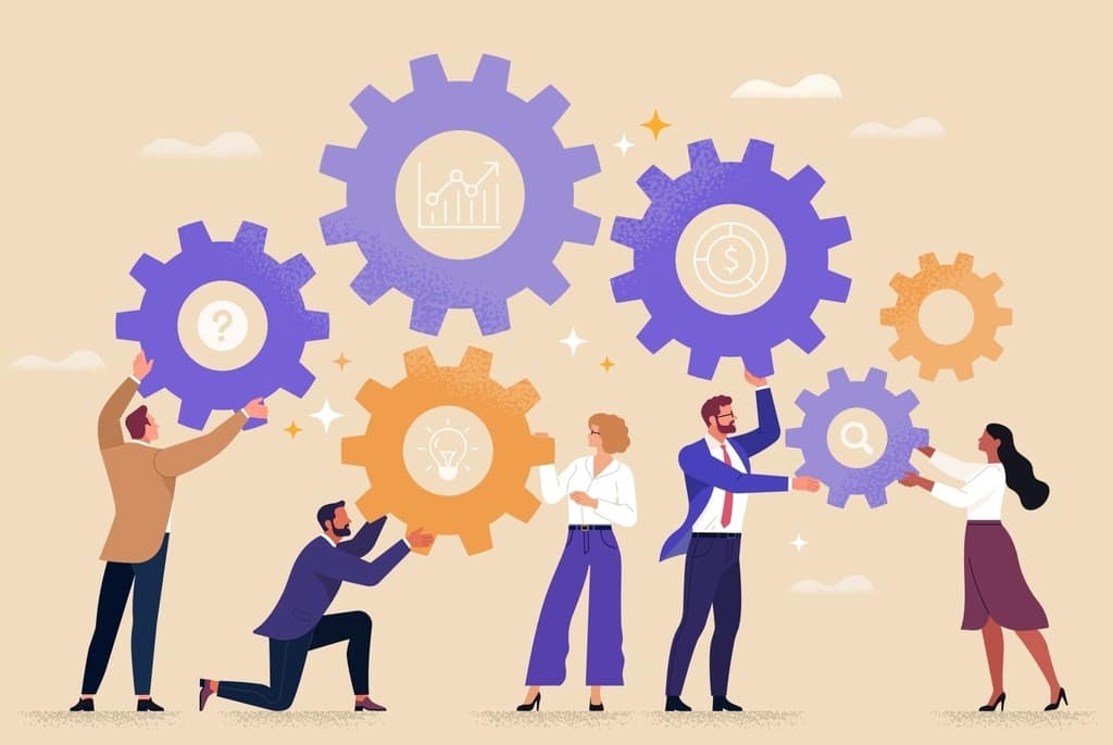 Illustration of teamwork with business people and gears