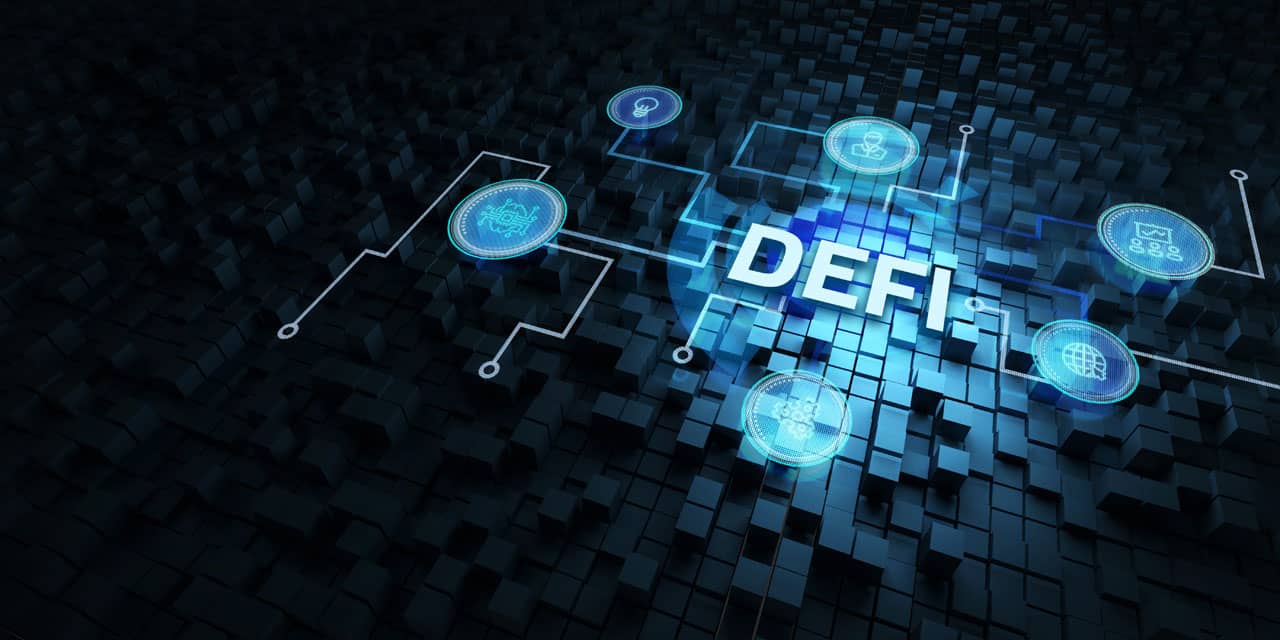 DEFI text on a blue blockchain diagram